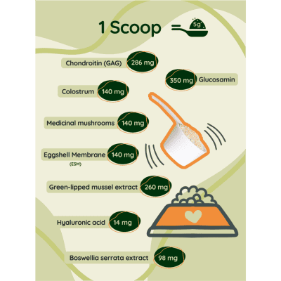 Active ingredients in K9 INUFlex® – mushroom blend, green-lipped mussel, Boswellia, colostrum, and eggshell membrane