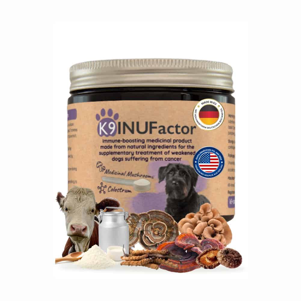 K9 INUFactor® colostrum and Reishi, Shiitake, Maitake, Cordyceps, Agaricus blazei, and Turkey Tail – natural ingredients for immune system support