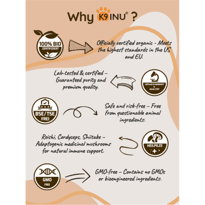 It is a certified organic, GMO-free, and lab-tested mushroom-based immune support for dogs