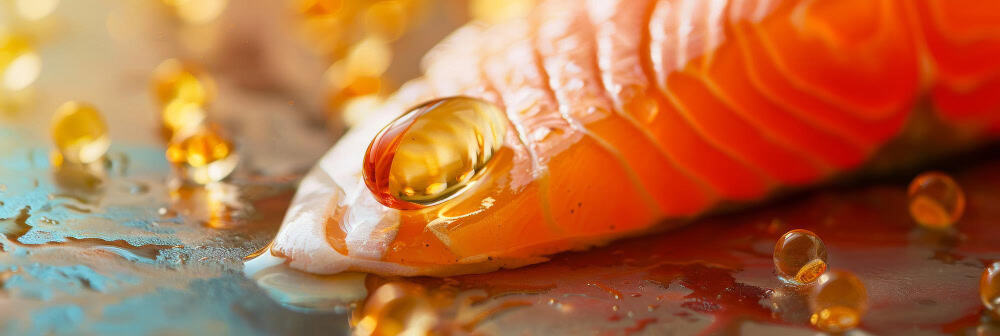 Fresh salmon with a pump bottle of salmon oil for dogs