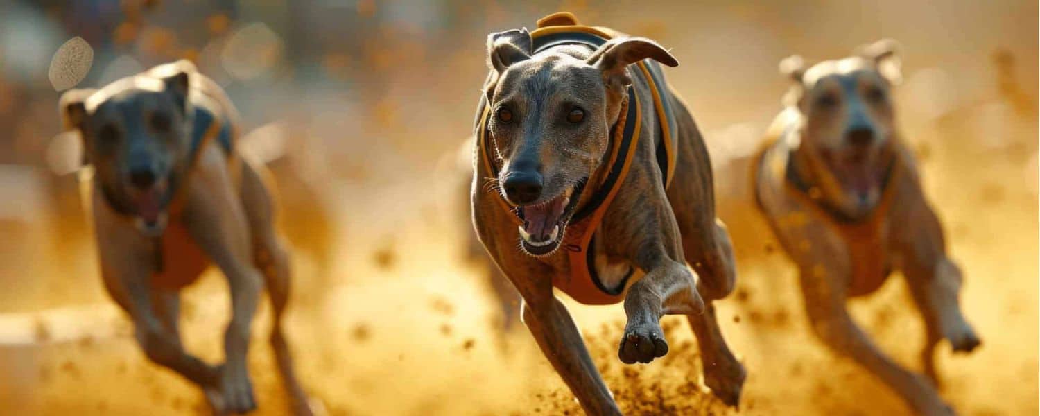 Greyhounds racing on a sandy track – illustrating the excitement and energy of dog sports.