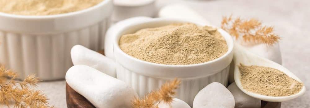 brewer's yeast for dogs in fine powder in a wooden bowl, natural dietary supplement